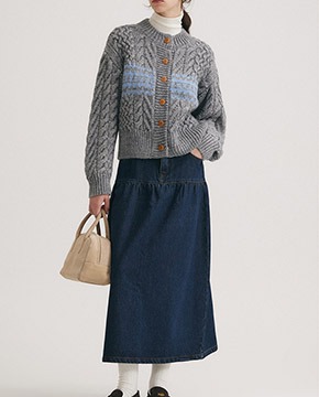 수입여성의류 데일리룩 겨울 스타일 레트로 케이블 울니트 카디건 스트라이프 라운드 넥 스웨터