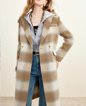 수입여성의류 데일리룩 격자무늬 울양면 울 코트 중간 미디움 길이 코트